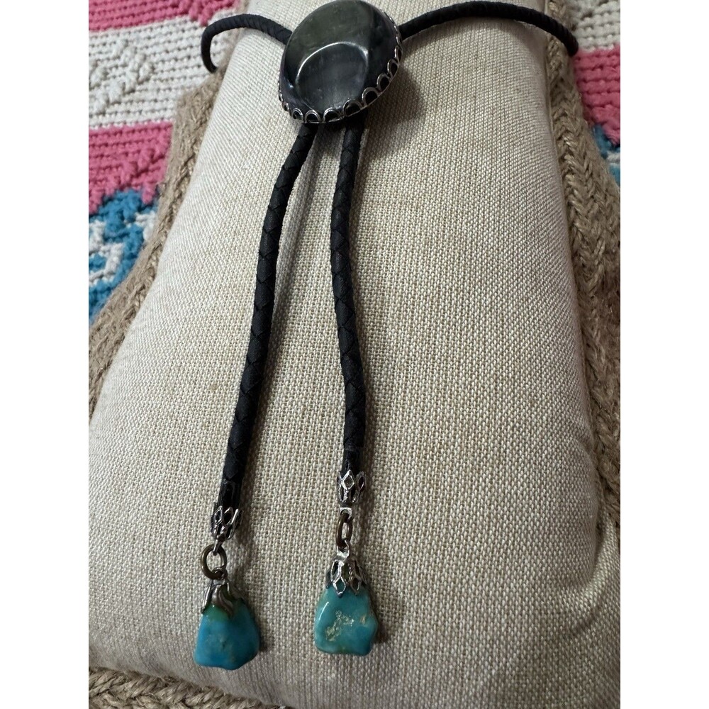 Southwestern Bolo Tie W/ Smoky Black Stone, Turquoise Tips Black Braided Leather